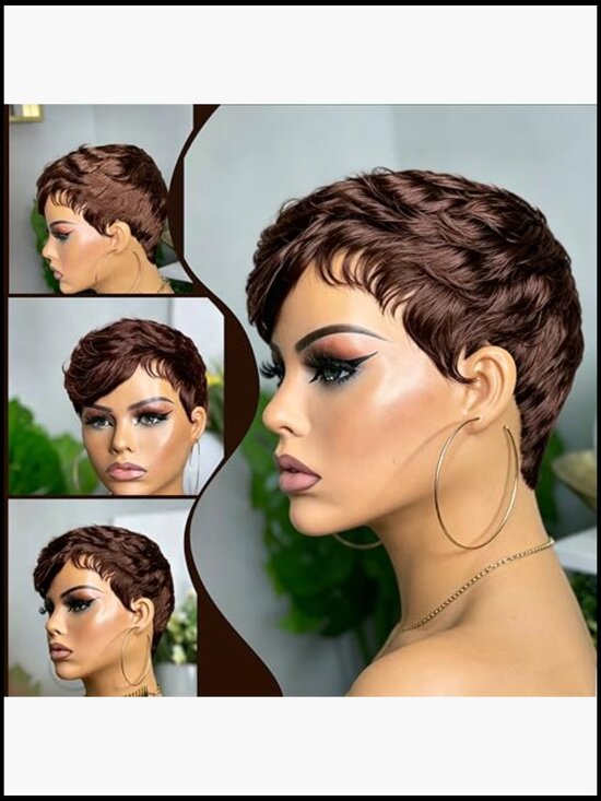 Short Pixie Cut Wig Human Hair Chic Layered Bangs Glueless Machine Made Daily